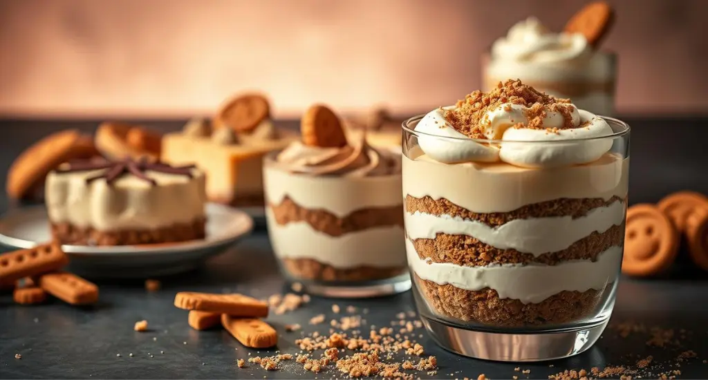 biscoff dessert recipes Biscoff desserts: tiramisu, cheesecake, pudding, and mousse arranged elegantly in warm lighting with caramelized flavors highlighted.