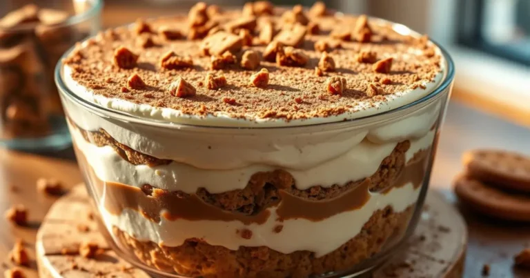 Biscoff tiramisu with mascarpone, espresso, Biscoff cookies, cocoa powder, and crumbled topping in a glass dish.