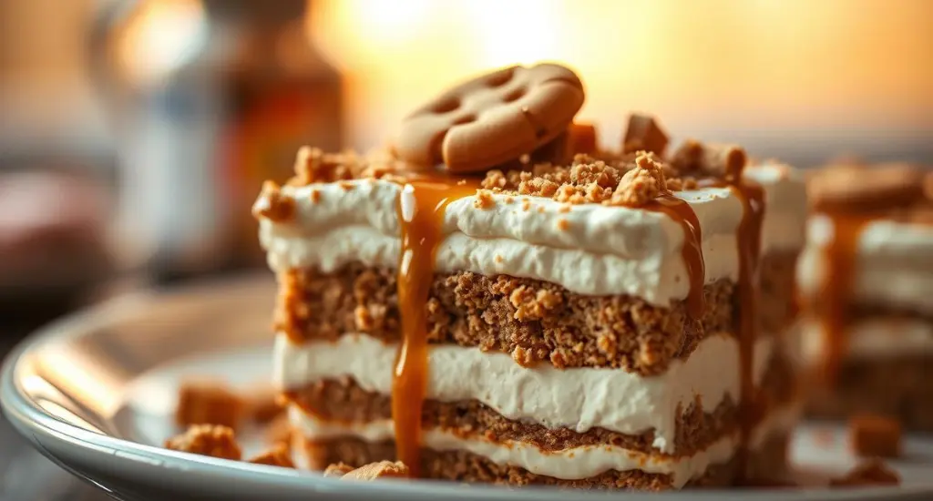 biscoff tiramisu recipe Biscoff tiramisu with mascarpone, crumbled biscuits, caramel drizzle, and a Biscoff cookie on top in warm golden light.