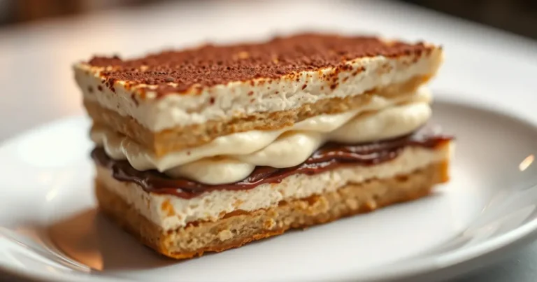 Does tiramisu have caffeine? Coffee-soaked ladyfingers, mascarpone on white plate, warm lighting, coffee shop ambiance.