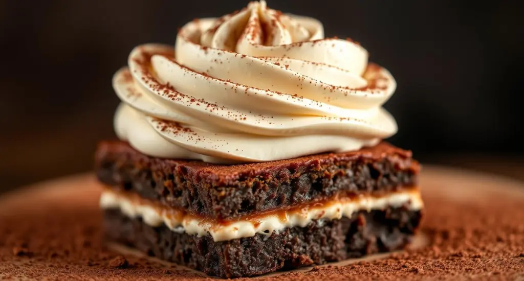 A close-up of rich tiramisu brownies with a fudgy brownie base, silky mascarpone cream topping, and a dusting of cocoa powder, captured in warm, inviting lighting.