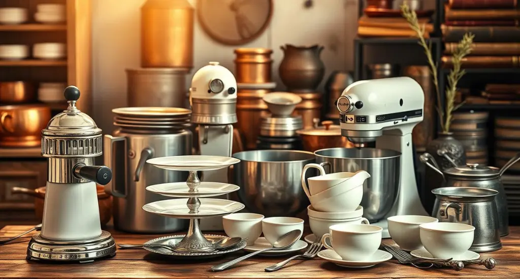 A collection of traditional Italian dessert equipment on a rustic wooden table, including a hand-cranked espresso machine, tiered cake stand, and silver utensils—perfect for crafting the ultimate tiramisu coffee.