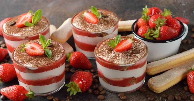 Strawberry tiramisu dessert on a brown background