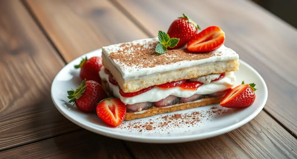 Strawberry tiramisu on a white plate with mascarpone, ladyfingers, strawberries, and cocoa on a rustic wooden table.