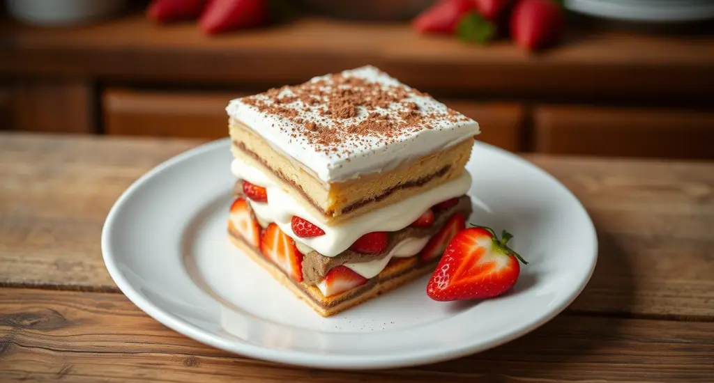 Strawberry tiramisu on a white plate with mascarpone, ladyfingers, fresh strawberries, and cocoa on a rustic counter.