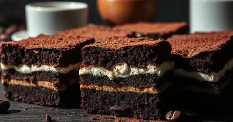A close-up of rich, fudgy tiramisu brownies layered with coffee-infused chocolate, creamy mascarpone, and a dusting of cocoa, set on a dark wooden surface with espresso cups in the background.
