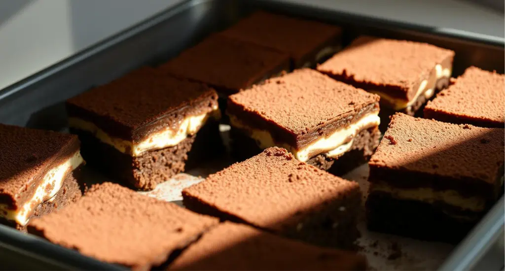 A tray of rich, fudgy tiramisu brownies layered with creamy tiramisu filling and dusted with cocoa powder, illuminated by soft natural lighting.