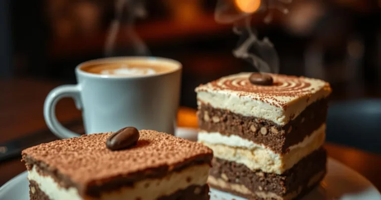 A creamy tiramisu coffee with layers of espresso and cocoa, served with a dusting of cocoa powder and a coffee bean garnish, set in a cozy café ambiance.